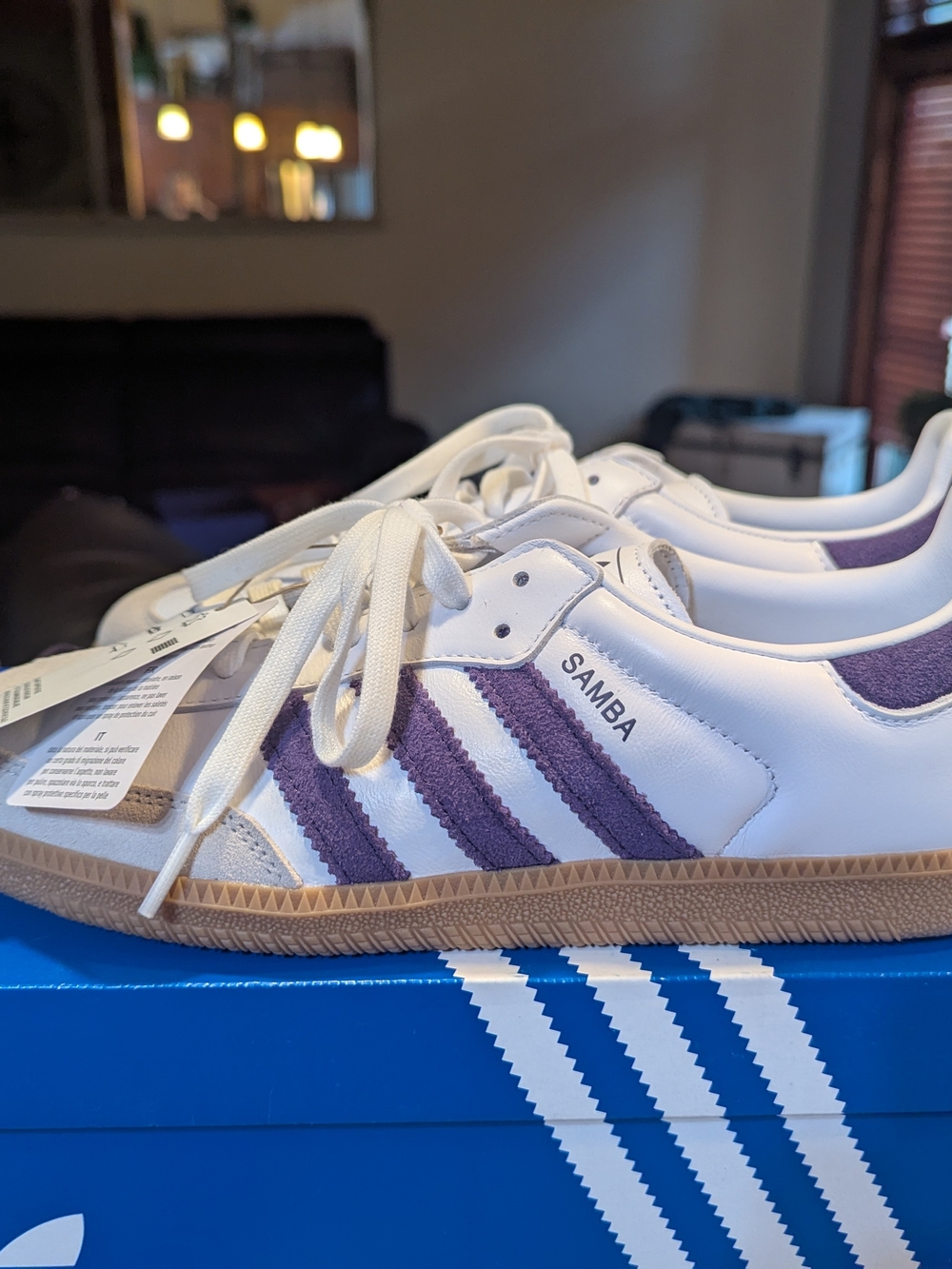 Adidas Womens Samba Sneakers in White with Purple Stripes